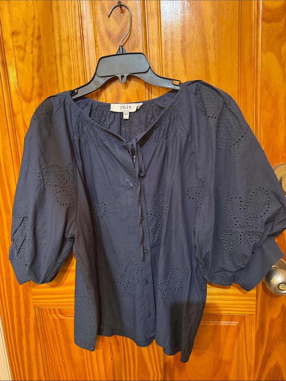 Joie Navy Eyelet Tie-Front Peasant Blouse